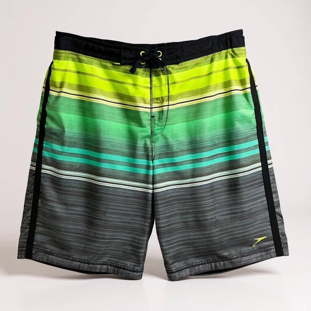 Speedo Swim Trunks Shorts Mens Large Green‎ Black Striped Boardshorts Mesh Lined